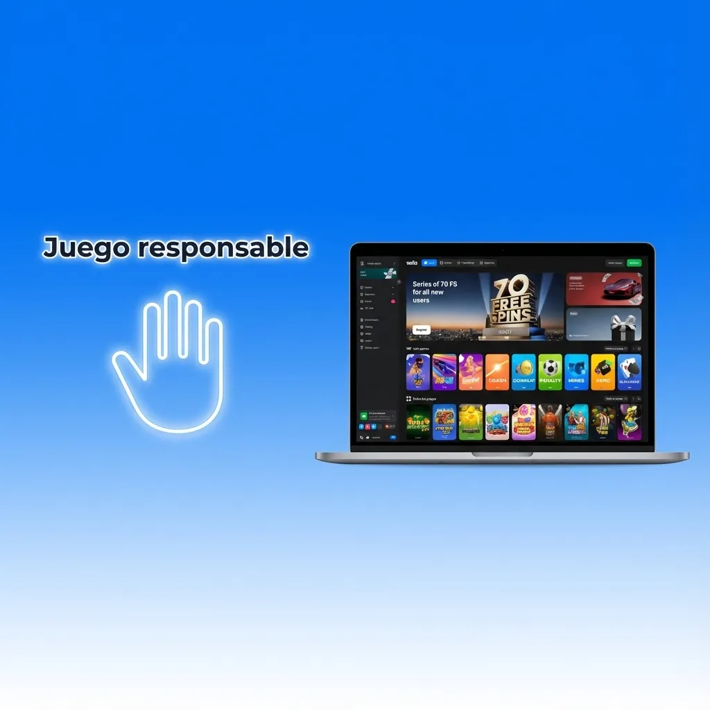 Ilustración de juego responsable: jugador en línea con límites de tiempo y dinero, mensajes de autocontrol y ayuda visible