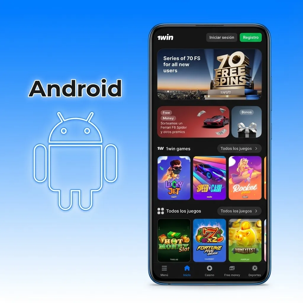 Smartphone Android mostrando la app de apuestas 1win y pasos de instalación del APK en pantalla