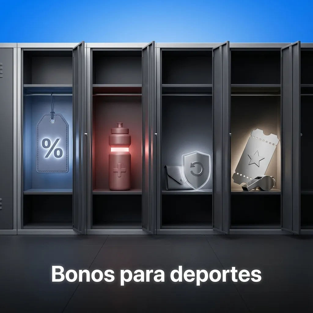 Banner “Bonos para deportes” con iconos de fútbol, tenis y esports y texto sobre bienvenida, apuestas gratis y cashback