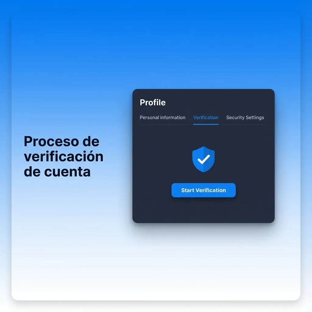 Ilustración de usuario verificando su cuenta en línea, subiendo documentos y marcando pasos completados en una lista