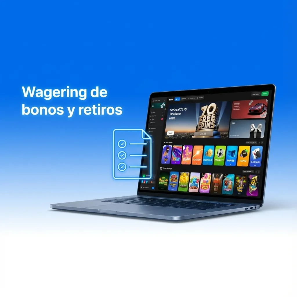 Ilustración de casino online mostrando saldo real, saldo de bono y progreso del wagering necesario para poder retirar ganancias