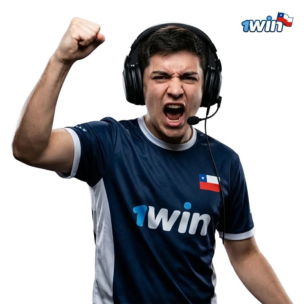 Banner de apuestas de esports en 1win Chile con jugadores, videojuegos competitivos y promoción de bono de bienvenida