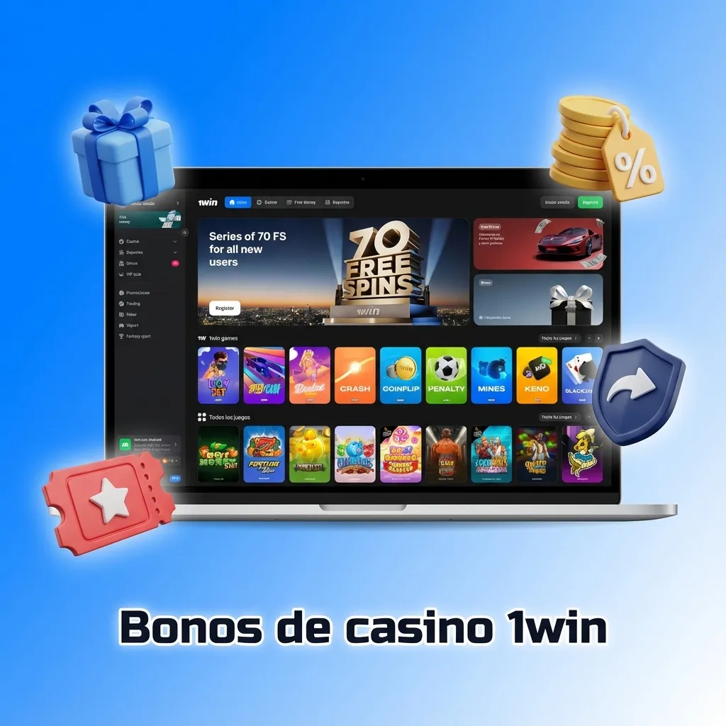 Banner de bonos de casino 1win con tragamonedas, ruleta y cartas, destacando bienvenida, giros gratis, recarga y cashback