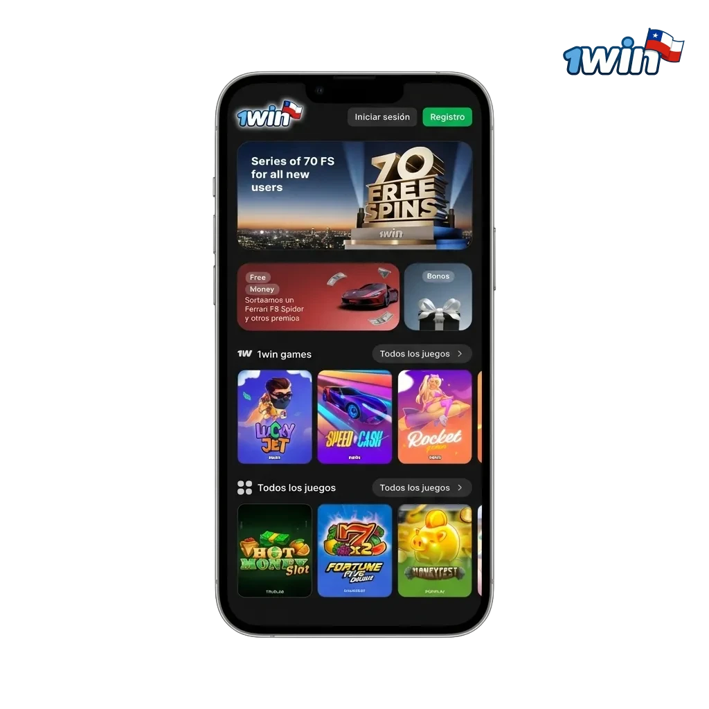 Banner en español de la app 1win para Android y iOS con bono de bienvenida y logos de métodos de pago chilenos