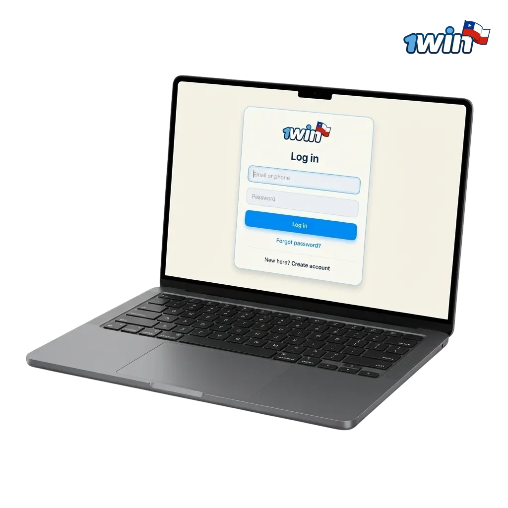 Pantalla de inicio de sesión 1win Chile en un dispositivo, con campos de correo y contraseña y botón para acceder a la cuenta