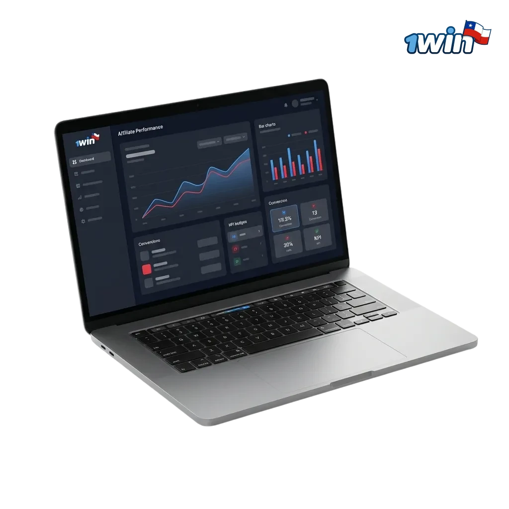 Banner del Programa de Afiliados 1win en Chile con iconos de comisiones, pagos locales y soporte personalizado